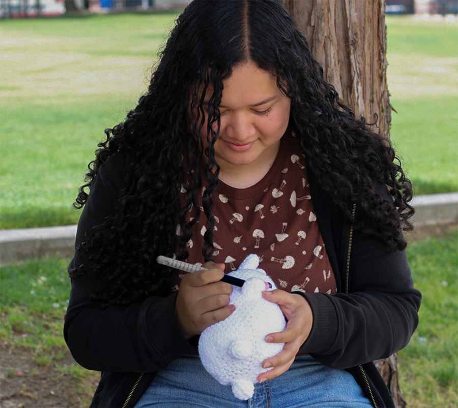 Jaelyn Barr crocheting a new addition to her creations for her customers at Sanger High.